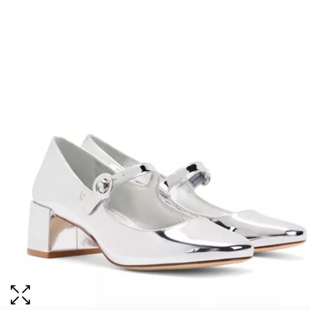 Larroudé Silver Women's Blair Buckled Ankle Strap Block Heel Pumps